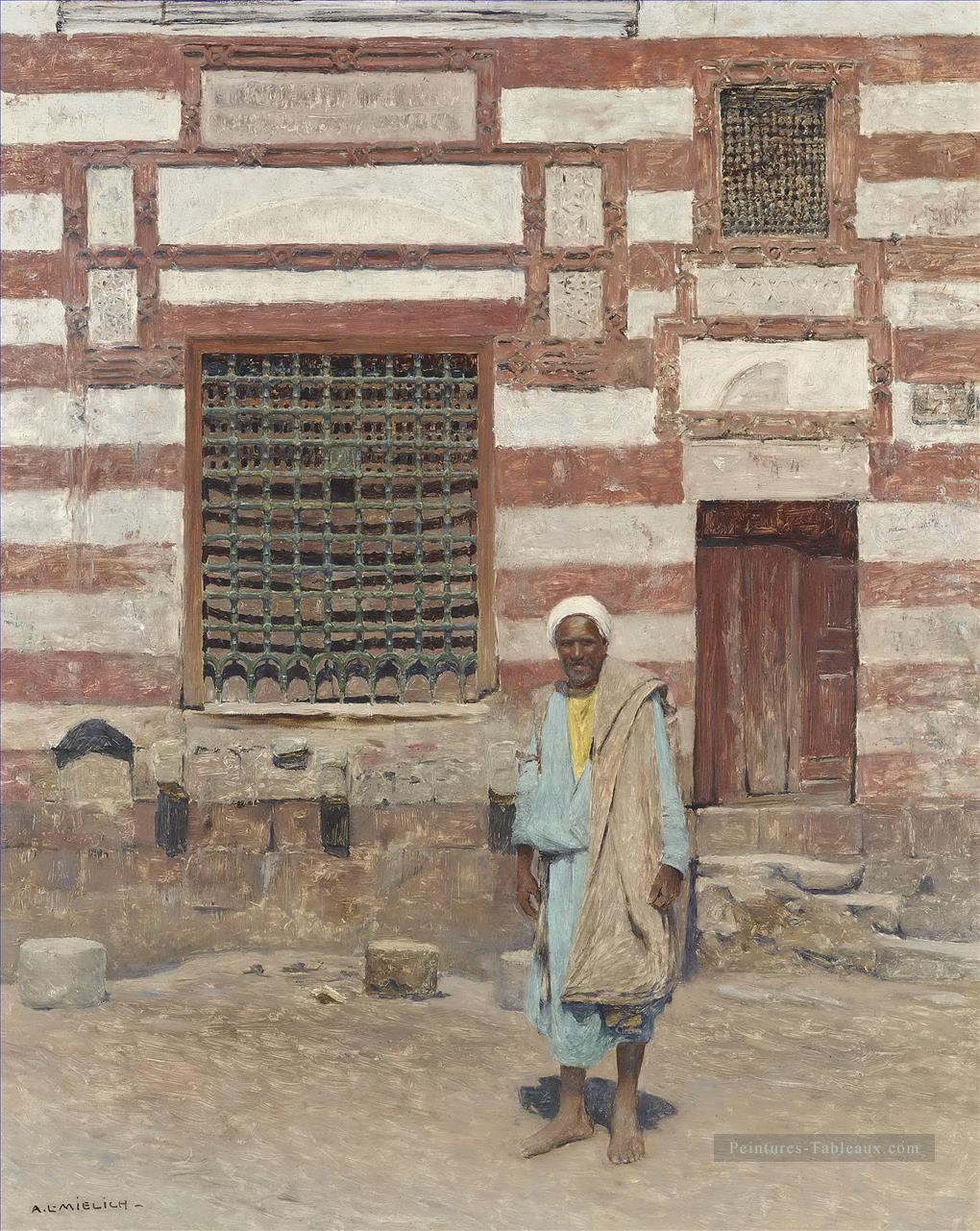 Un arabe à l’extérieur de sa maison Alphons Leopold Mielich scènes orientalistes Peintures à l'huile